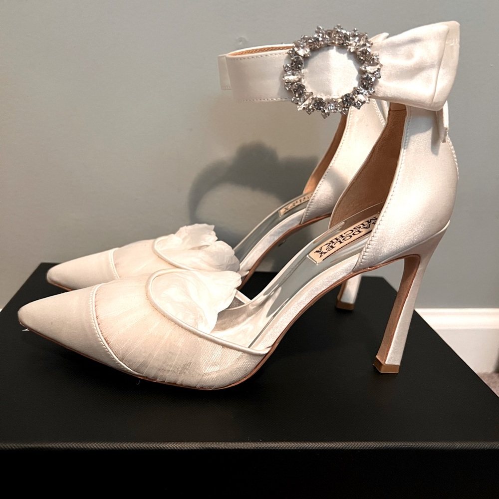 Badgley Mischka White Satin Pumps with Ankle Strap and Embellishment